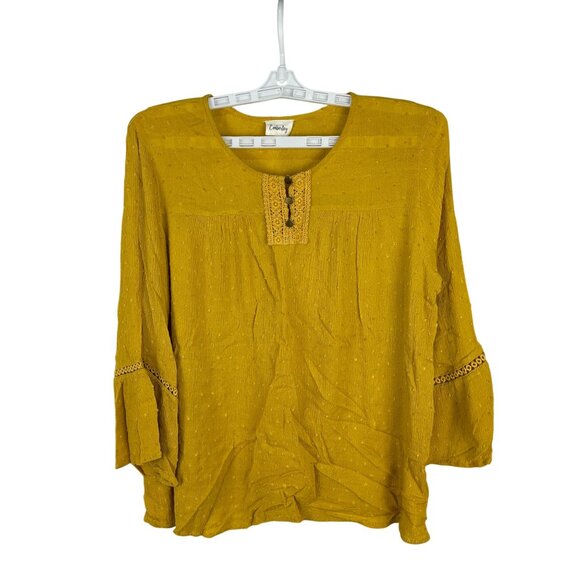 Emberley Mustard Yellow Womens Blouse XL With Lace Detail & Bell Sleeves - Picture 1 of 7